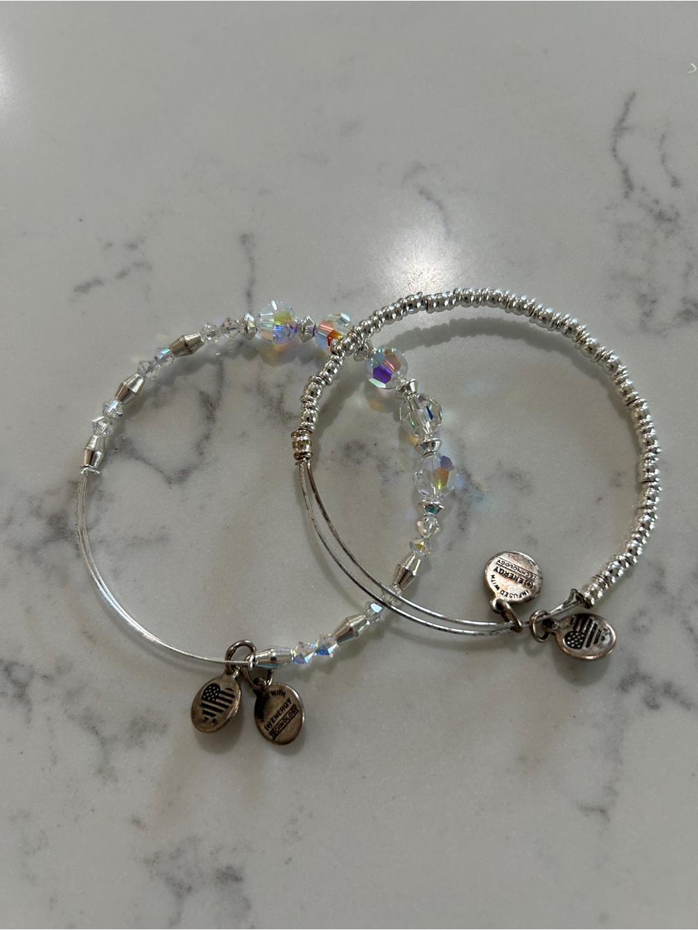 Alex and Ani Silver Tone Iridescent Crystal Bead Stretch Bracelet Set